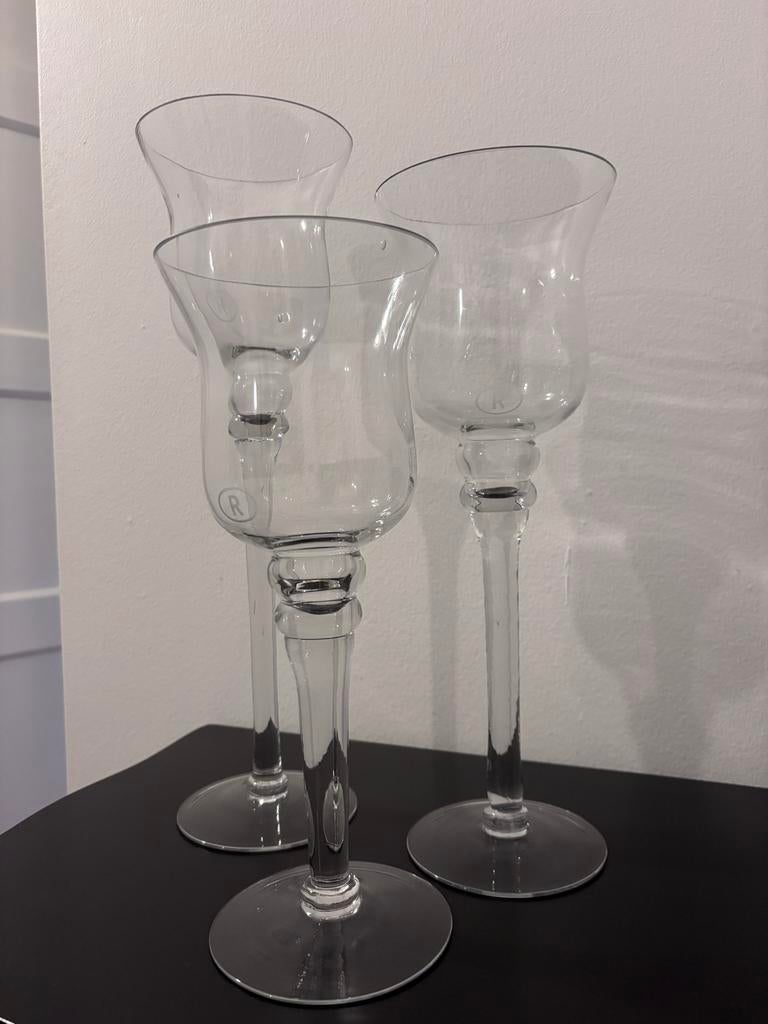 Set van 3 glazen Riverdale kandelaars 40, 35 en 30 cm hoog, Antiek en Kunst, Ophalen