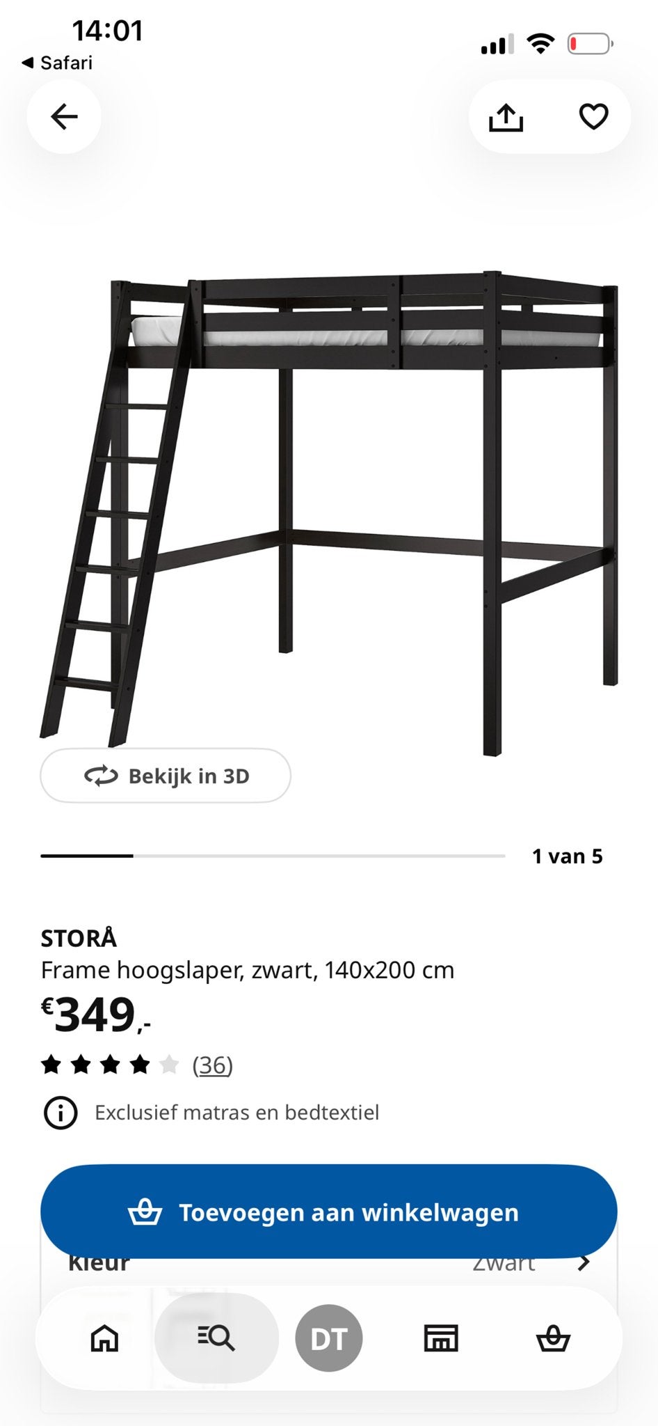 Zwarte hoogslaper Stora van Ikea. 140 x 200, Huis en Inrichting, Slaapkamer | Stapelbedden en Hoogslapers, Ophalen, Gebruikt, Hoogslaper