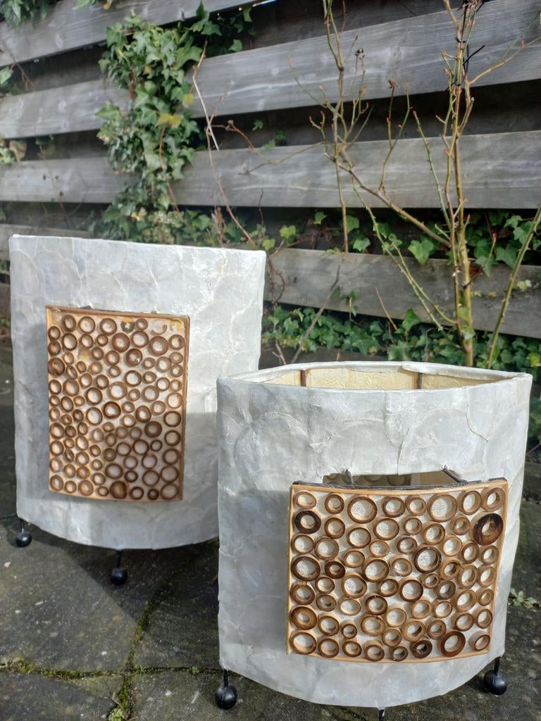 Design Lampen met Houten Ringetjes, Huis en Inrichting, Lampen | Vloerlampen, Gebruikt, Minder dan 100 cm, Glas, Hout, Ophalen of Verzenden