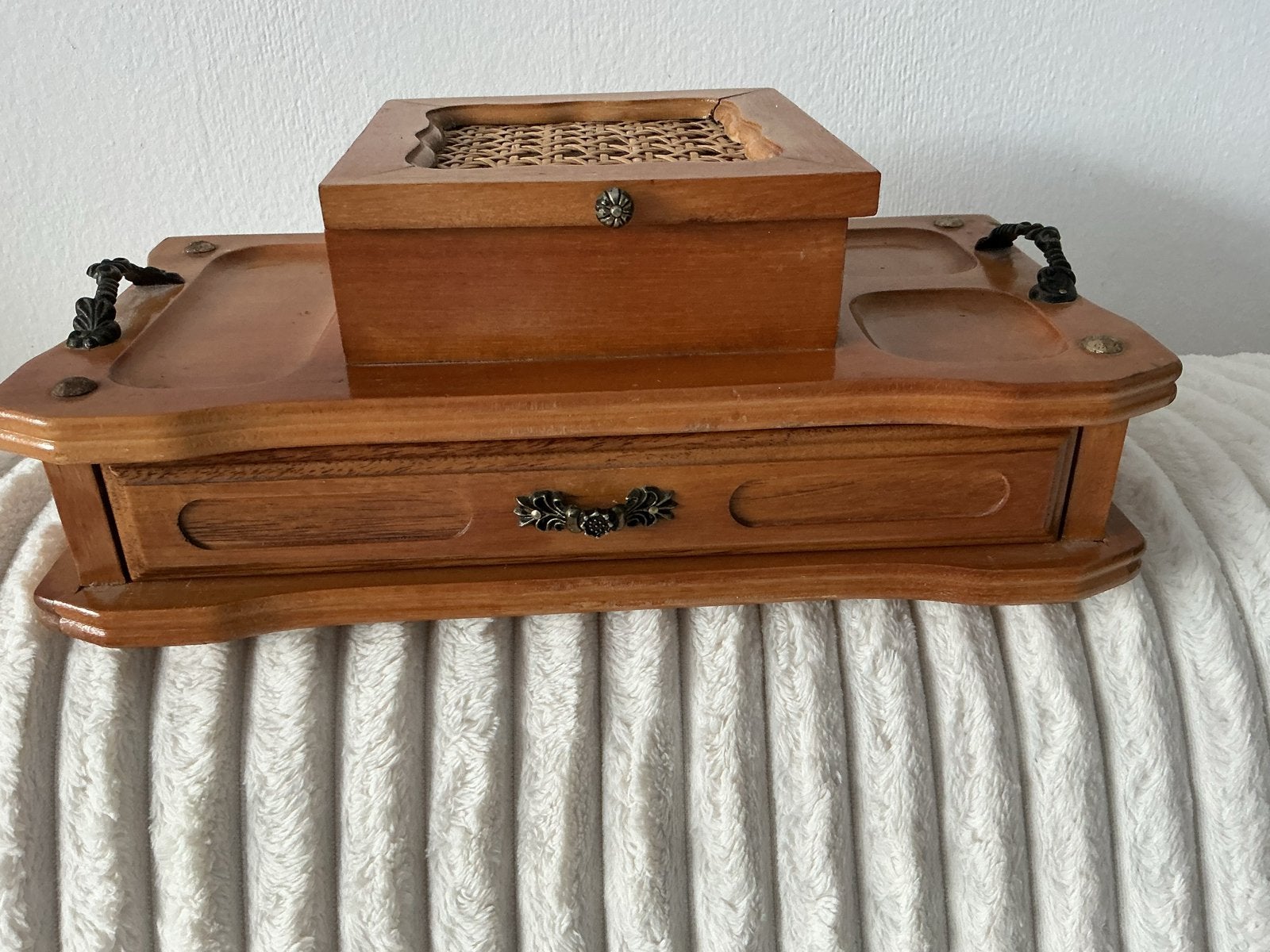 Houten sieradendoos met lade en rieten details, Ophalen of Verzenden
