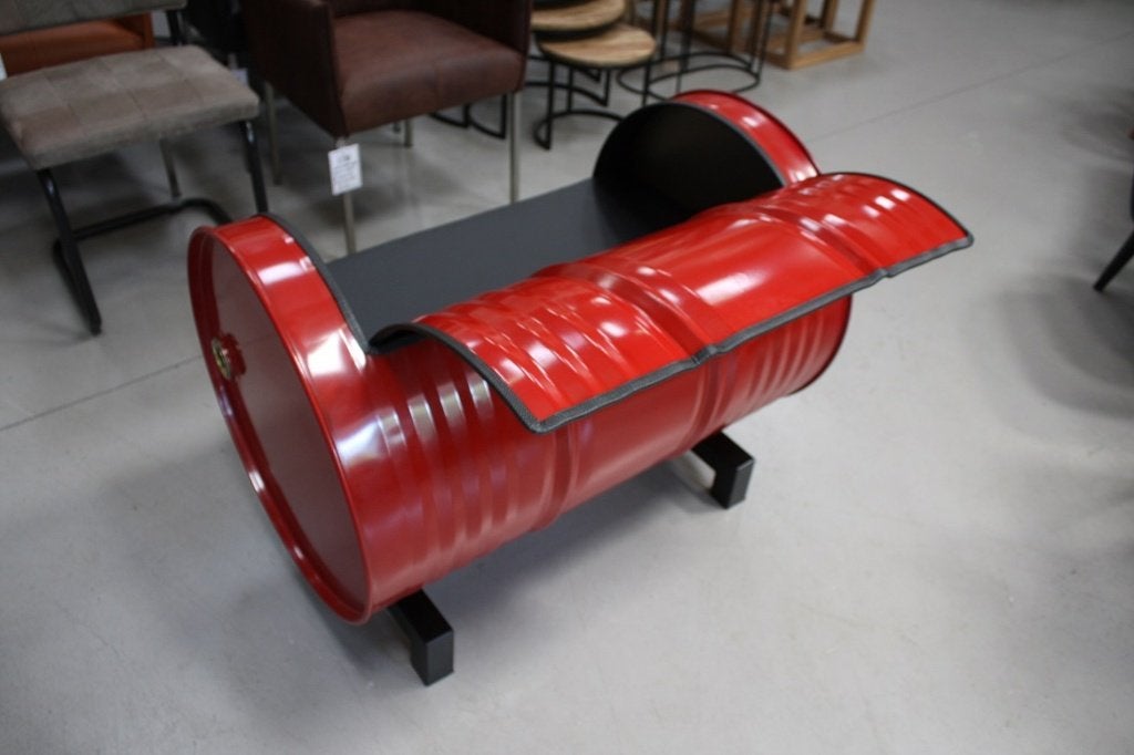 Stoer bankje / fauteuil van een olievat industrieel mancave, Ophalen, Nieuw, 75 tot 100 cm, 75 tot 100 cm
