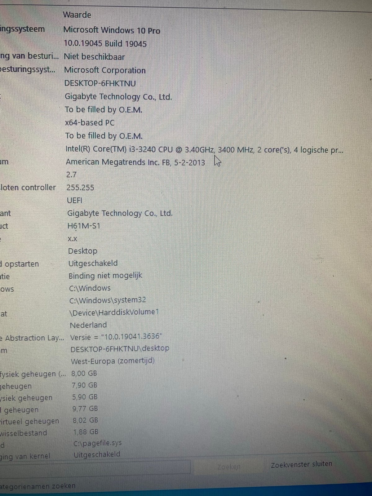 Desktop PC Intel i3-3240, 8GB RAM, 2TB HDD, Win 10 Pro, Gebruikt, HDD, 8 GB, Ophalen of Verzenden