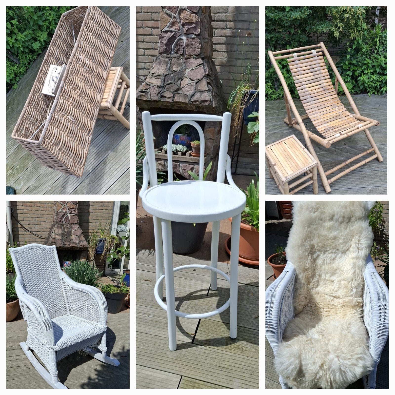 Brocante schommelstoel, barkruk, strandstoel met tafel, lamp, Ophalen