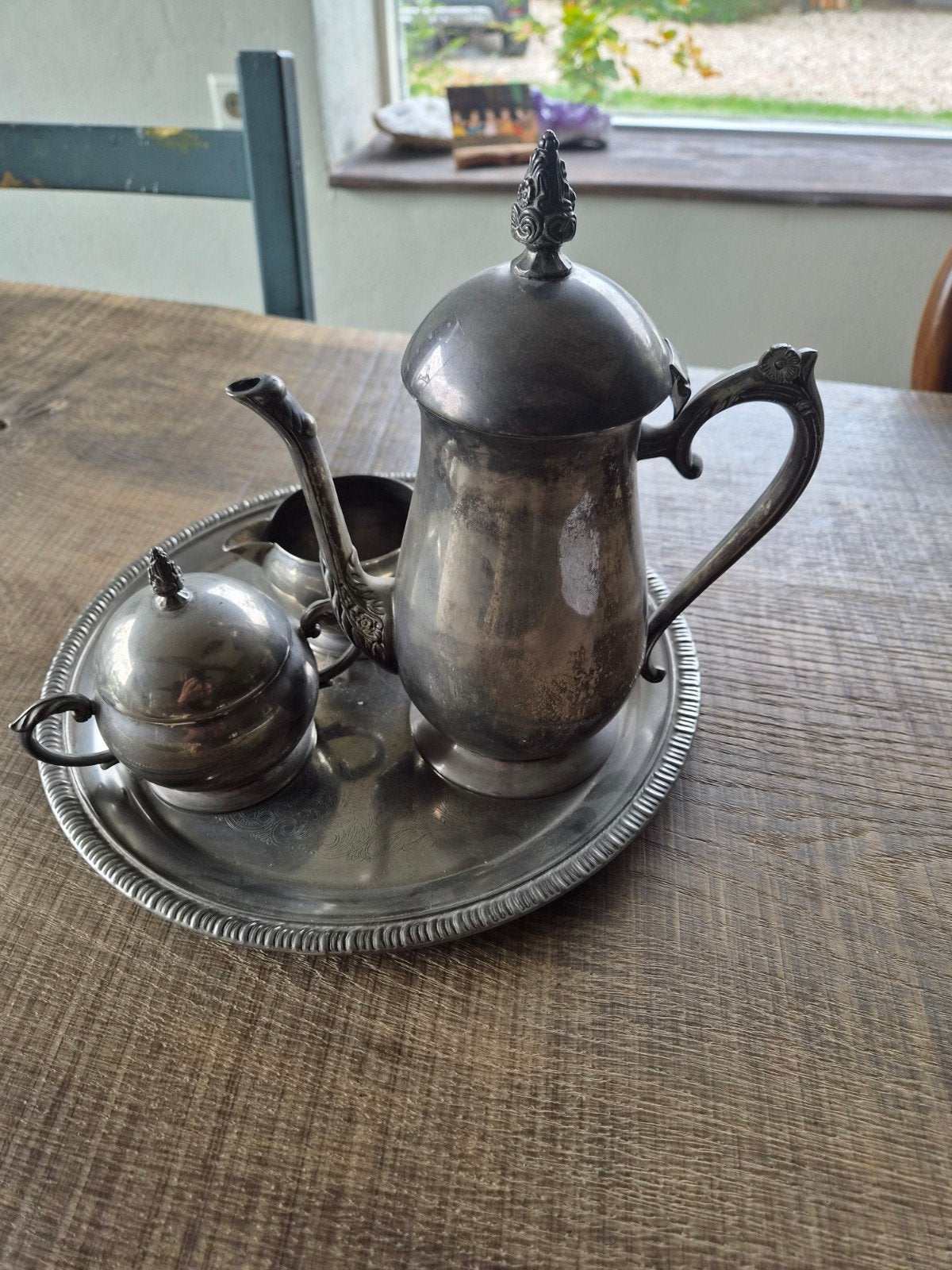 Antiek verzilverd koffie- en theeservies met dienblad, Antiek en Kunst, Ophalen