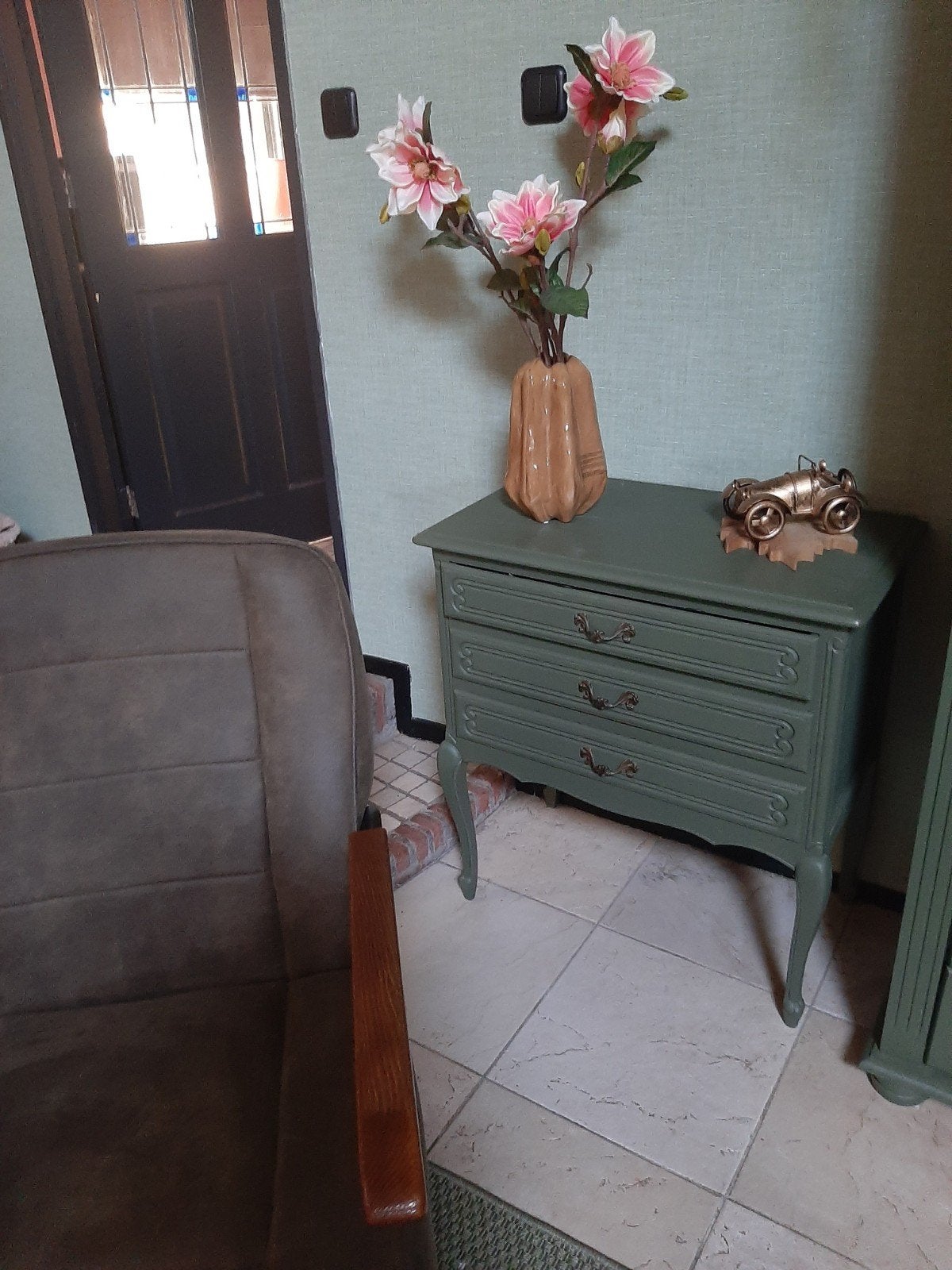 Vintage ladekastje in olijfgroen - Perfect voor elke kamer, Huis en Inrichting, Kasten | Dressoirs, Gebruikt, Minder dan 50 cm
