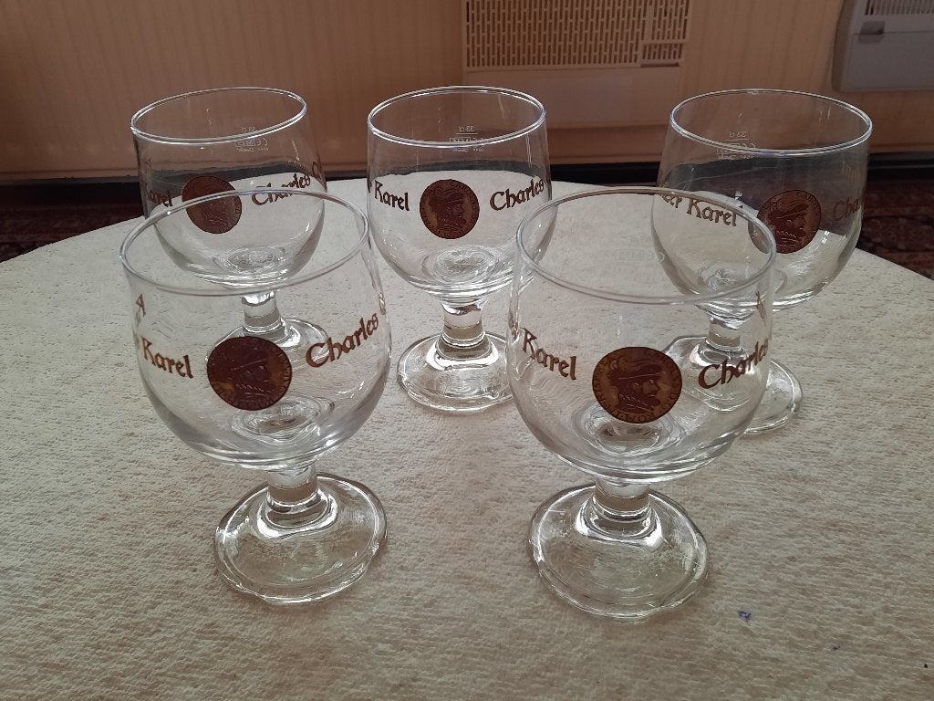 5 identieke bierglazen Keizer Karel/Charles Quint, Ophalen, Zo goed als nieuw, Glas of Glazen, Overige merken