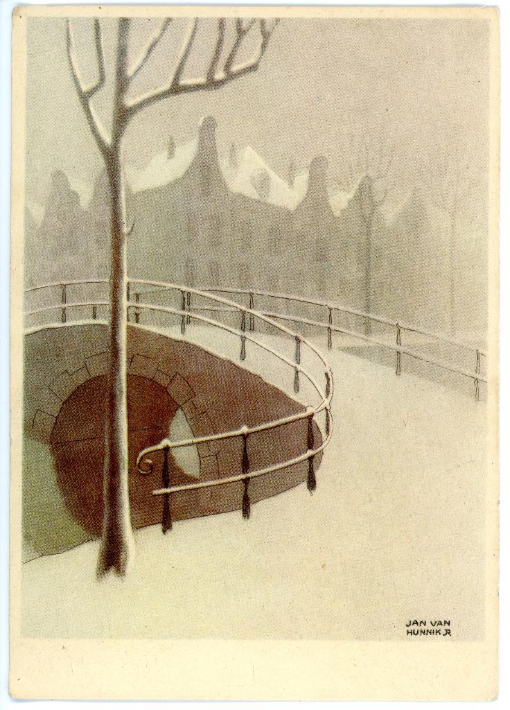 Vintage Kerstkaart Jan van Hunnik – Winters Stadsgezicht, Ophalen of Verzenden, 1940 tot 1960, Ongelopen, Feest(dag)