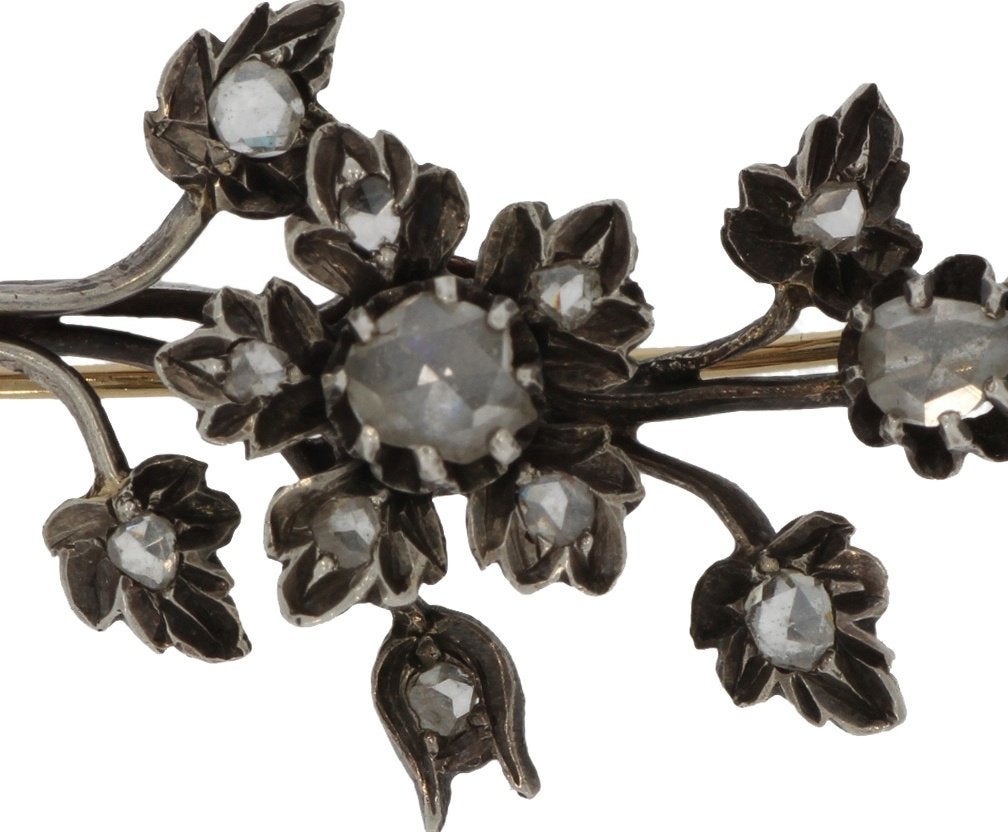 Bloem tak broche 14k goud fraai antiek juweel diamanten dame