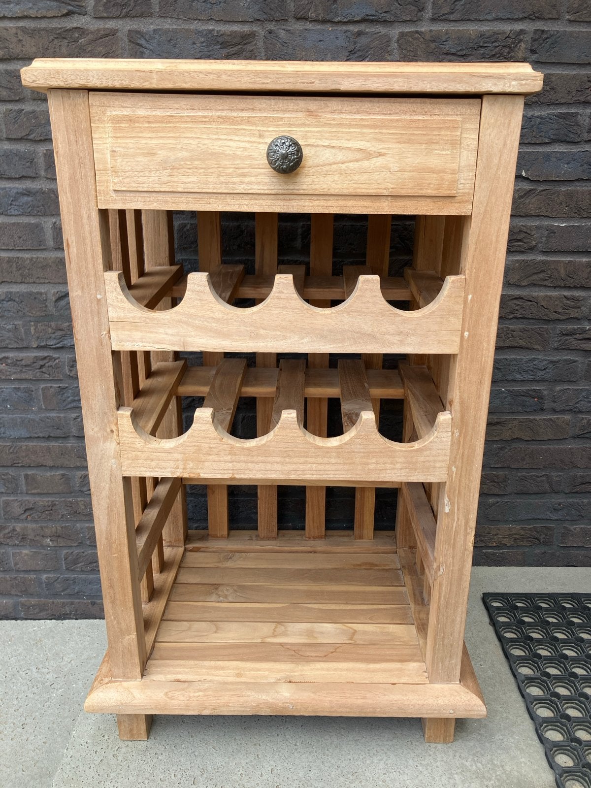 Houten wijnrek met lade - Teakhout, Ophalen, Gebruikt, 5 tot 15 flessen, 75 – 100