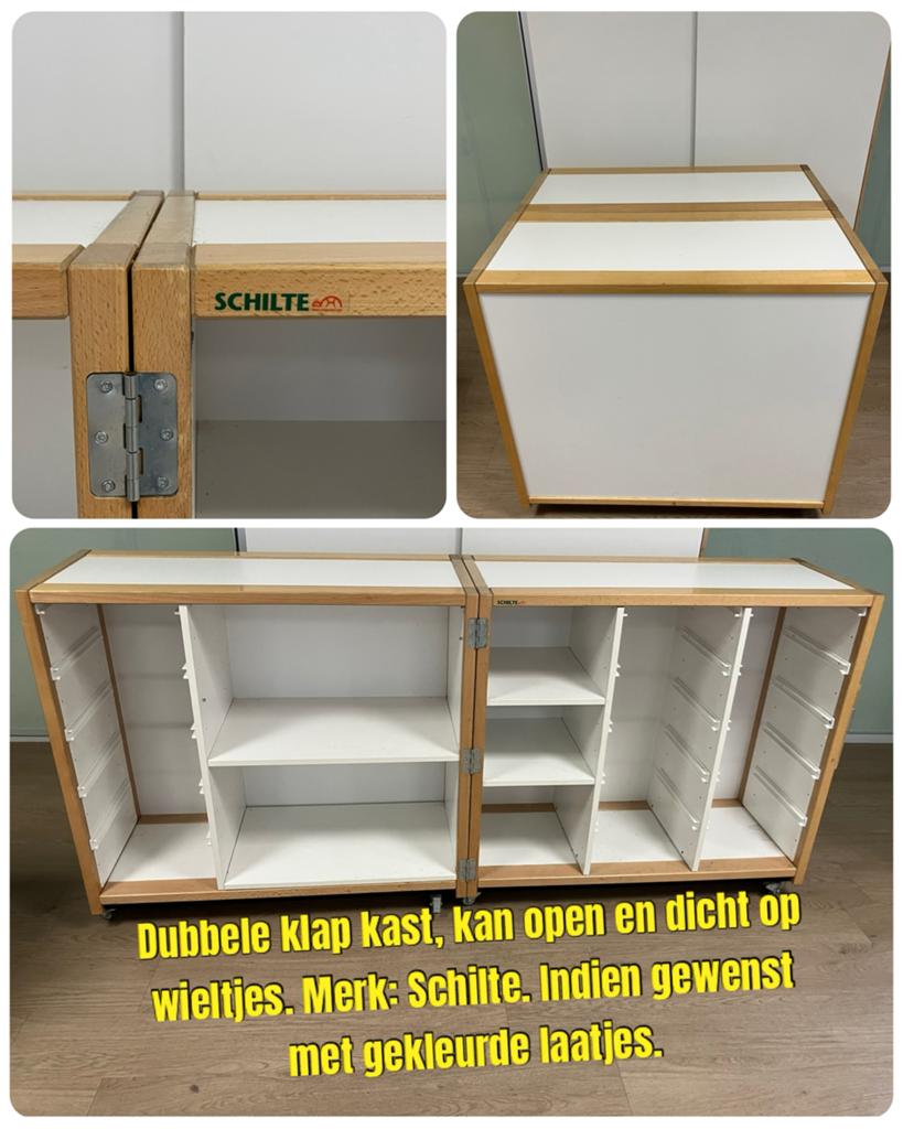 Schilte Dubbele Klap Kast op Wieltjes met la Schoolmeubilair, Ophalen, Gebruikt
