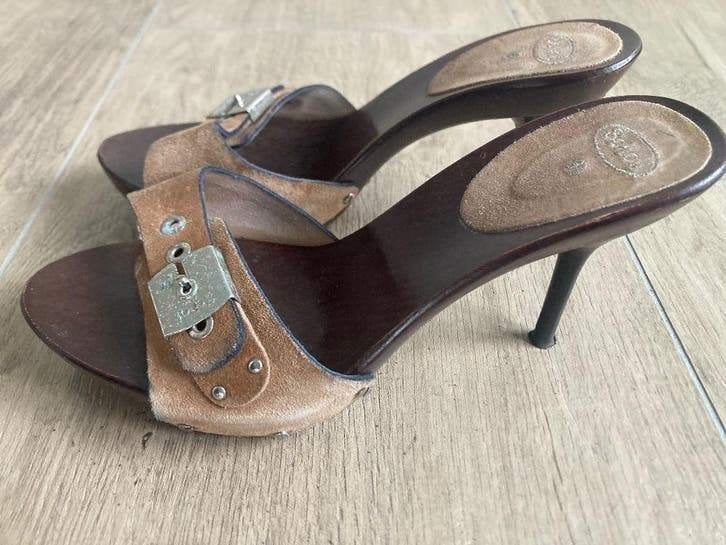 Hoge lichtbruin suèdeleren kleppers Scholl mt 39, Scholl, Bruin, Zo goed als nieuw, Sandalen of Muiltjes