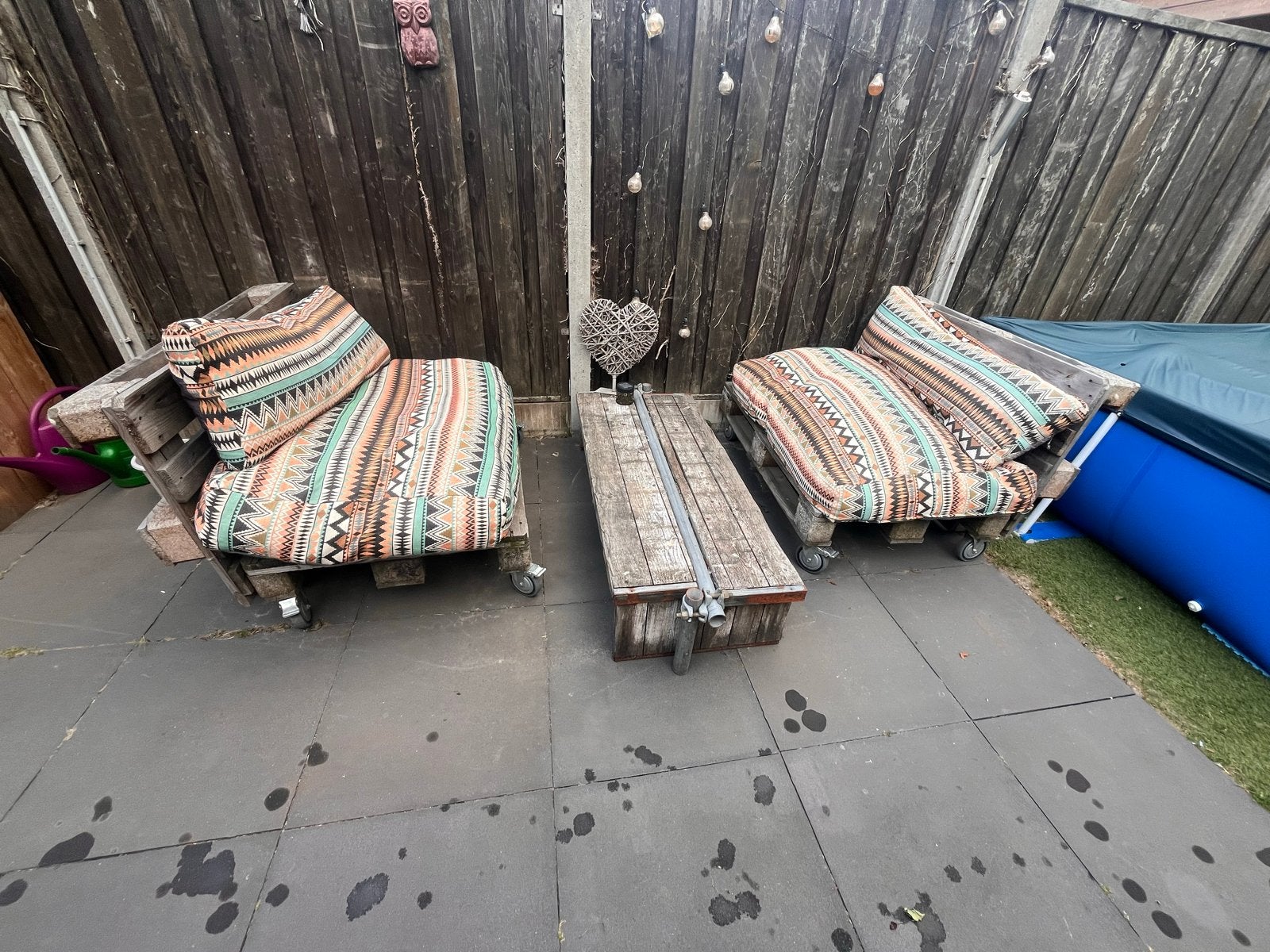 Pallet Loungeset met Tafels, Kussens en Wieltjes, Gebruikt, Loungeset, Bank, Hout
