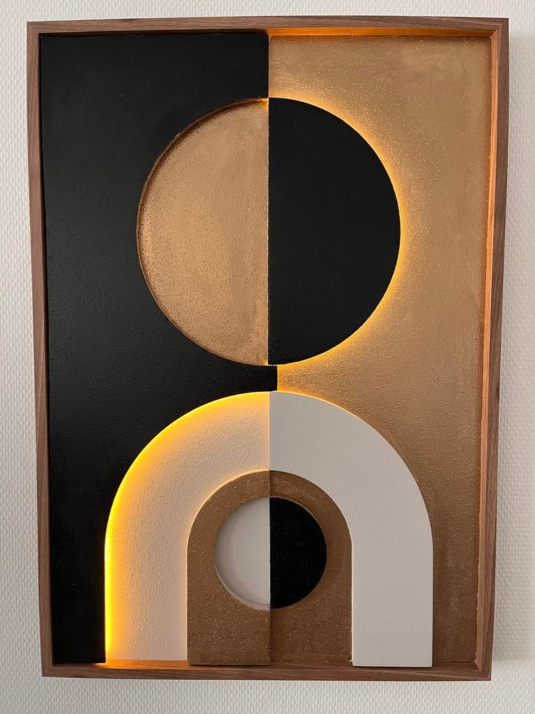 Schilderij – zwart, goud & beige – met led sfeerverlichting, Antiek en Kunst, Kunst | Schilderijen | Modern, Ophalen of Verzenden