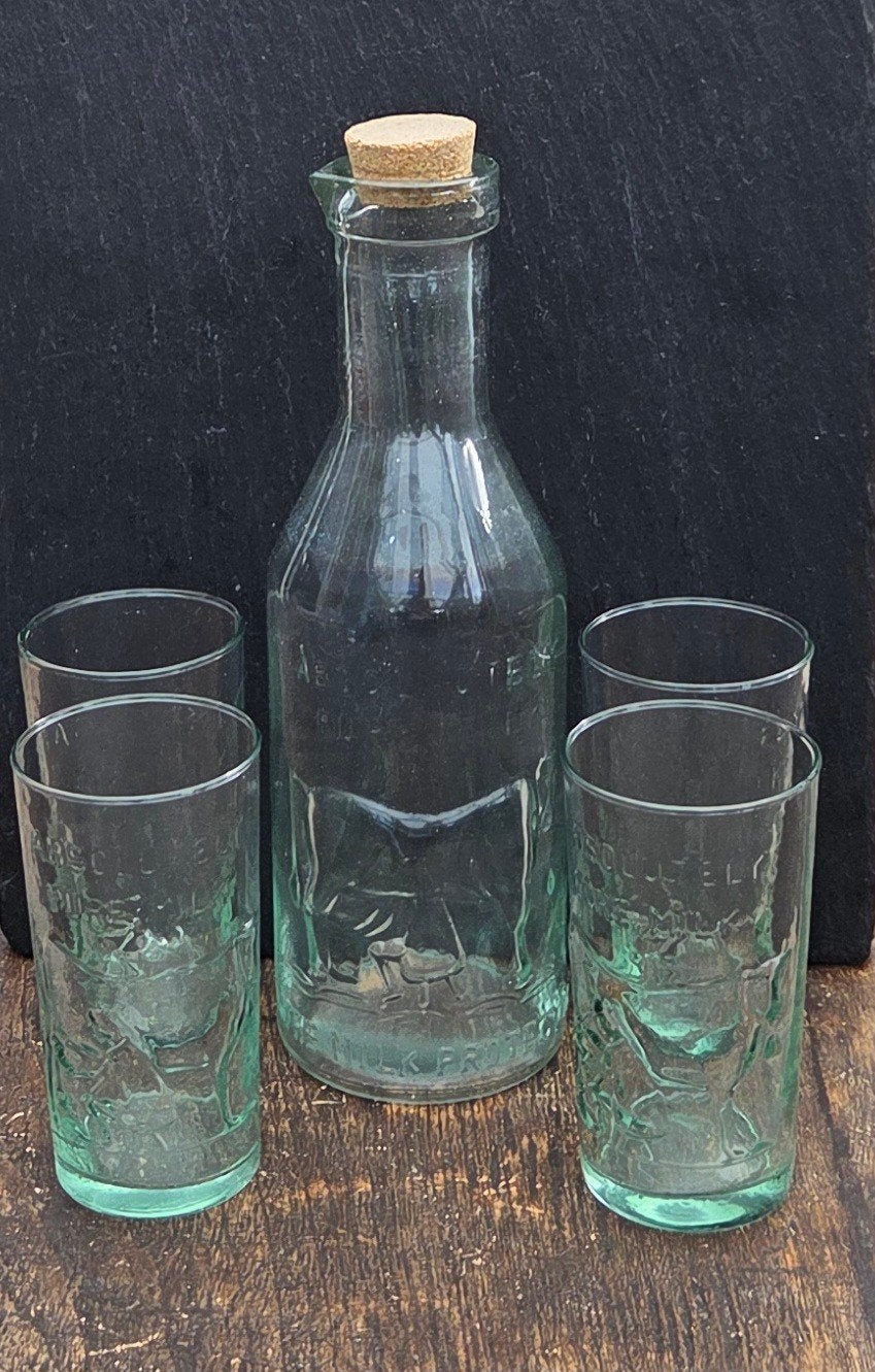 Vintage 'Absolutely Pure Milk' Karaf met 4 Glazen, Verzamelen, Ophalen of Verzenden, Zo goed als nieuw, Overige typen
