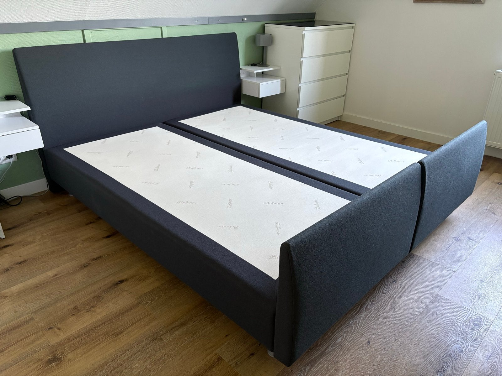 Pullman Boxspringbed 180x200 cm, nette staat!, Ophalen, Gebruikt, Blauw, Tweepersoons