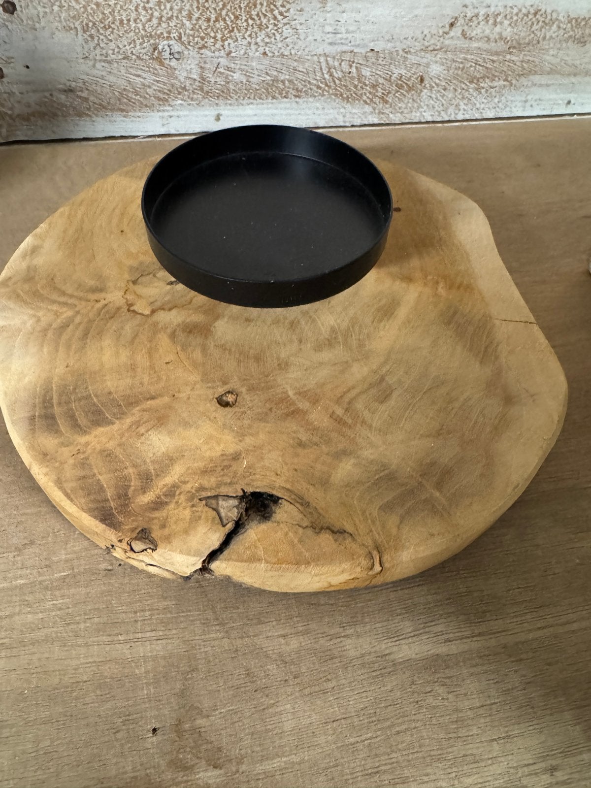 Houten kaarsenhouder met metalen inzet, Gebruikt, Bruin, Ophalen of Verzenden, Hout