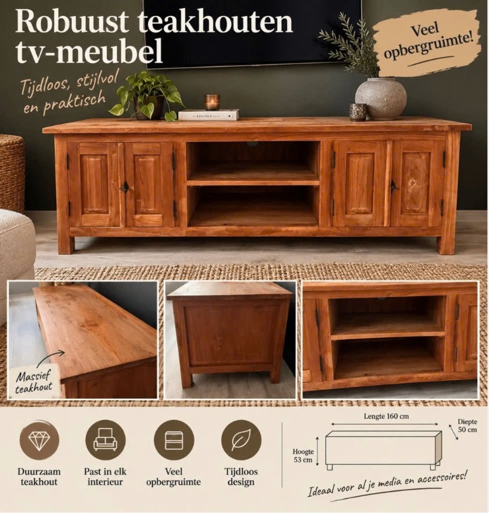 Teakhouten TV-meubel, Ophalen, Gebruikt, 150 tot 200 cm, Teakhout