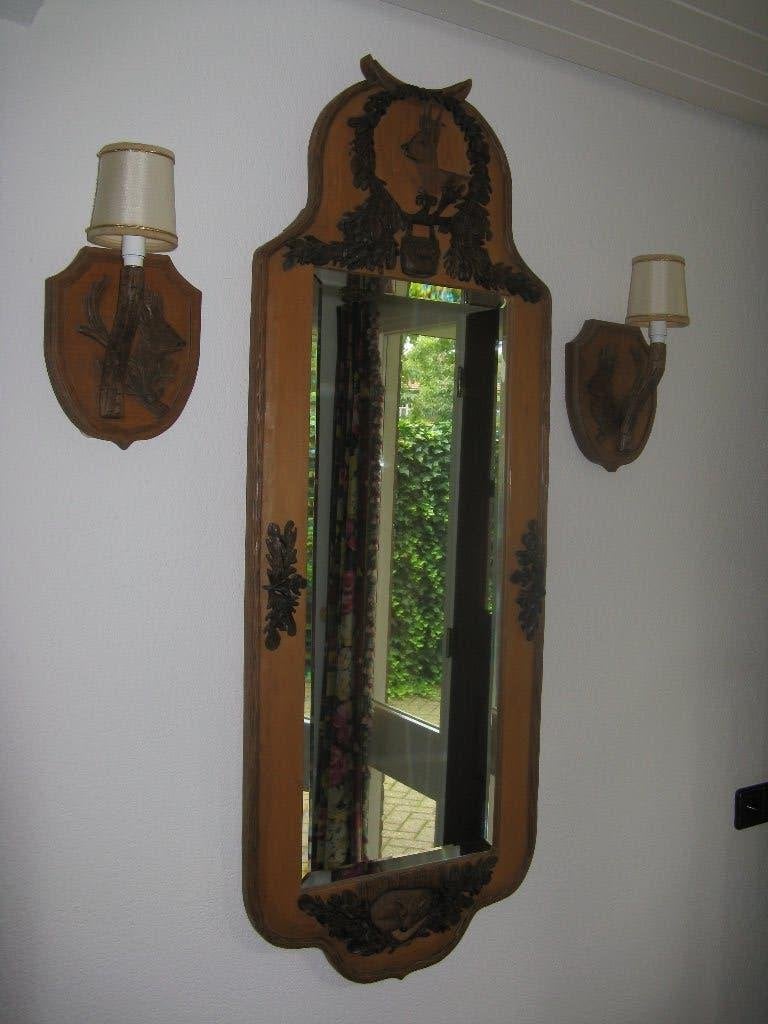Spiegel maatwerk houtsnijwerk hert met lampen, Antiek en Kunst, Ophalen, Rechthoekig, Minder dan 50 cm, Minder dan 100 cm
