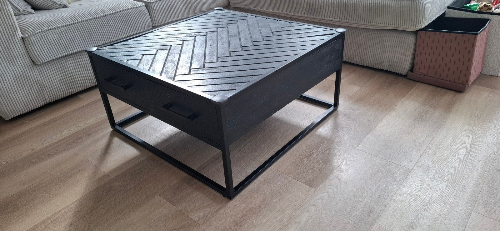 Salontafel met lades - Zwart mangohout en metaal, Gebruikt, 50 tot 100 cm, Vierkant, 50 tot 100 cm
