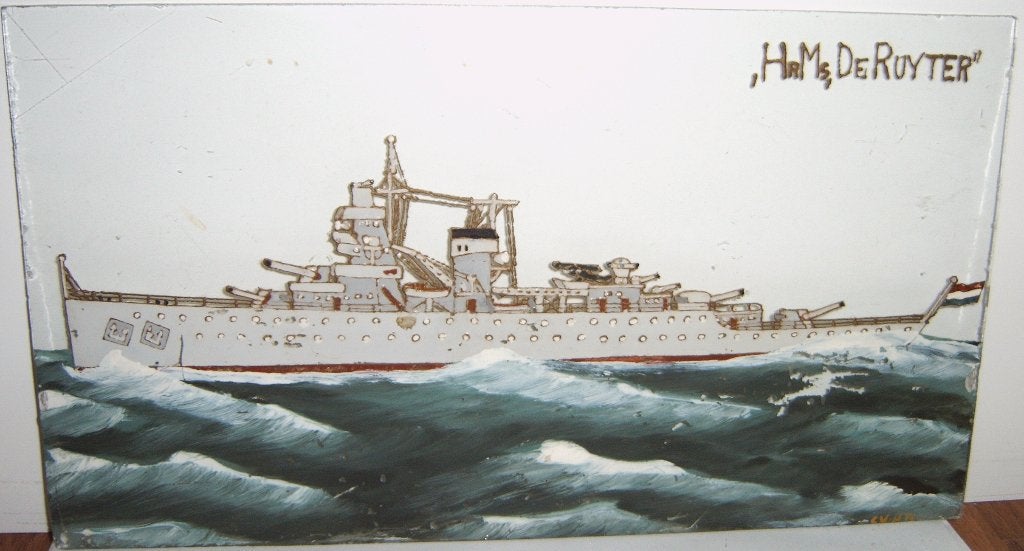 Hrms de Ruyter, olieschildering op glas., Ophalen of Verzenden, Marine, Nederland, Kunstobject