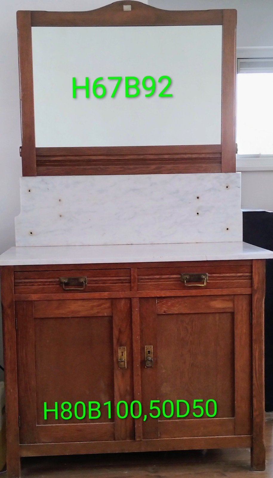 Dressoir / commode met marmeren blad, achterwand en spiegel, Gebruikt, 50 tot 75 cm, Antiek, Ophalen
