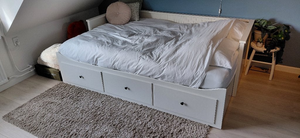 Gratis HEMNES Bedbank met 3 lades + eventueel matras 140x200, Gebruikt, 100 cm of meer, 180 cm of meer, Ophalen