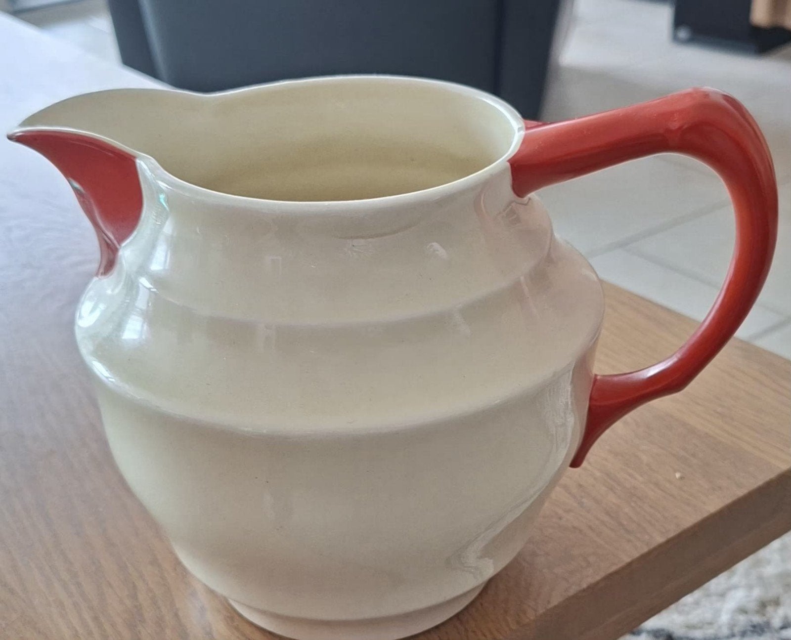 Vintage Crème en Rode Keramische Kan, Ophalen of Verzenden