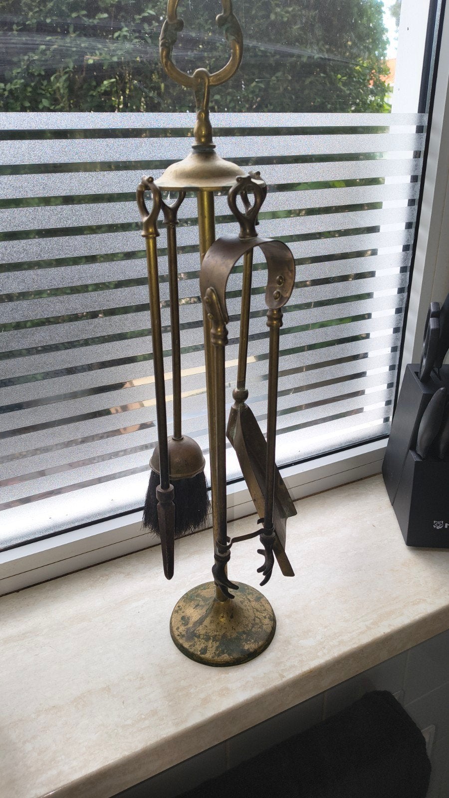Antieke messing haardstel met 4 accessoires, Ophalen, Gebruikt, Vrijstaande haard, Overige soorten