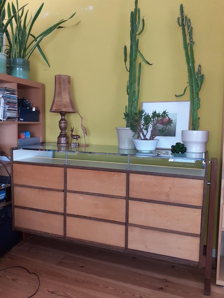 Vitrine toonbank display vintage 9 lades, Ophalen, Gebruikt, 50 tot 100 cm, Glas
