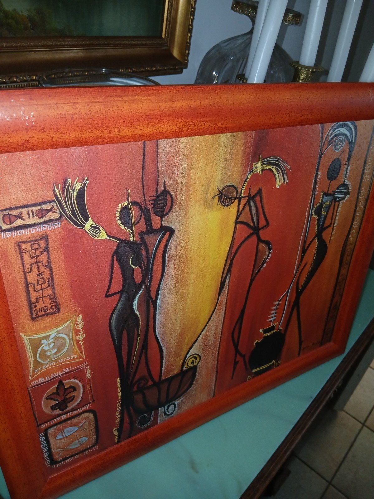 Afrikaans schilderij met figuren en symbolen, Hout, Afrika, 42 cm, Handgemaakt