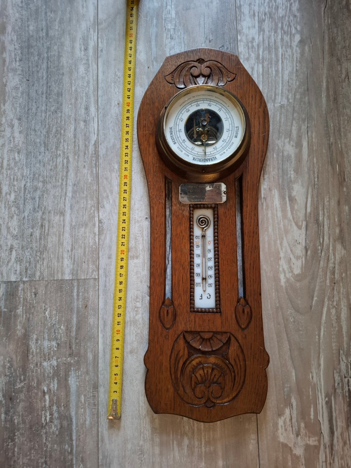 Antieke Barometer en Thermometer op Houten Plaat, Audio, Tv en Foto, Ophalen of Verzenden, Gebruikt, Barometer