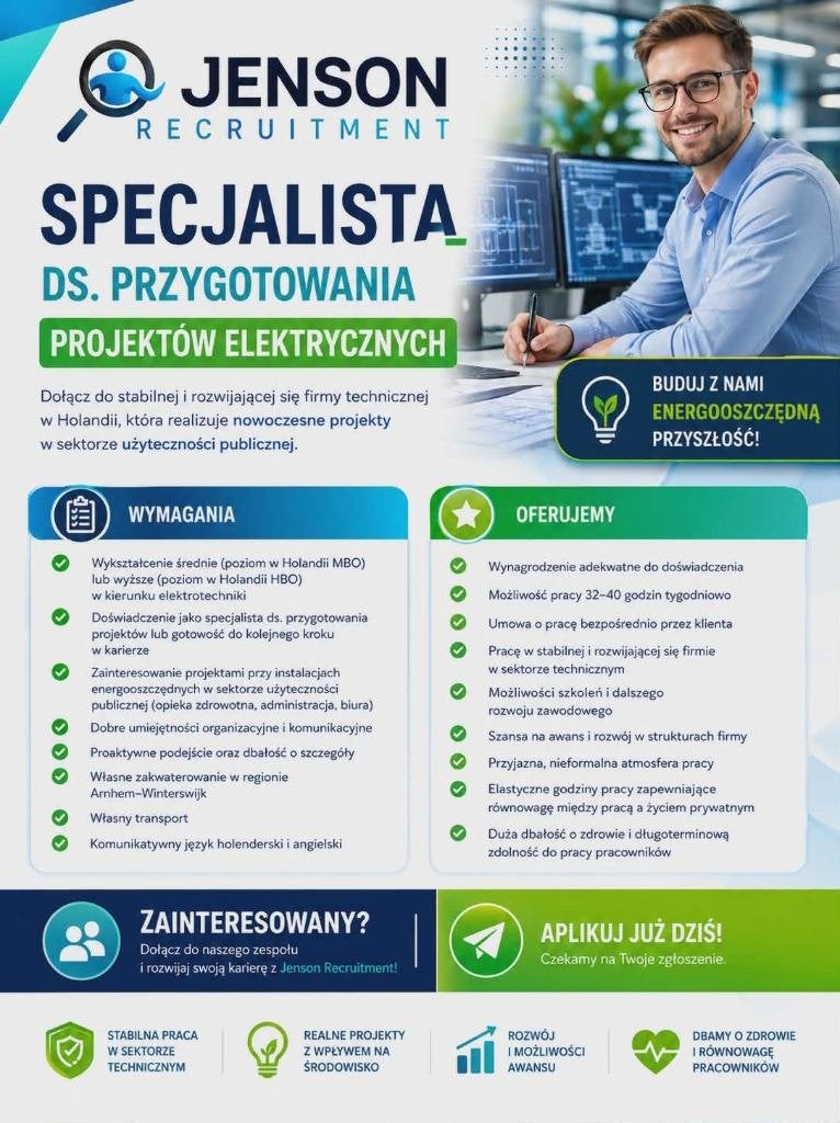 specjalista ds. przygotowania projektow elektrycznych, 33 - 40 uur, MBO, Vanaf 3 jaar, Vast contract