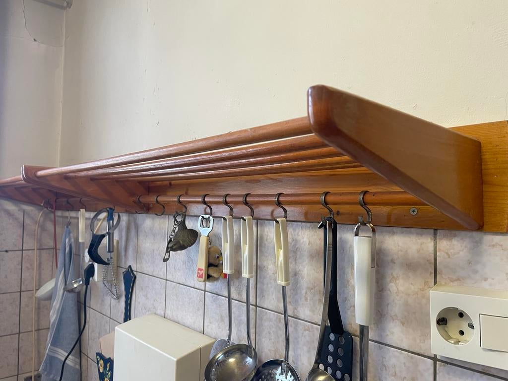 2 Vintage houten pannenrekken met haken, Ophalen, Hout, Bruin, Overige typen