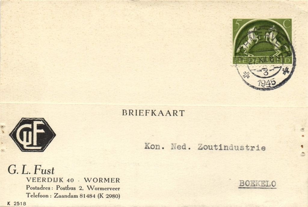 G.L. Fust, Wormer - 12.1945 - briefkaart, Ophalen of Verzenden, Briefkaart