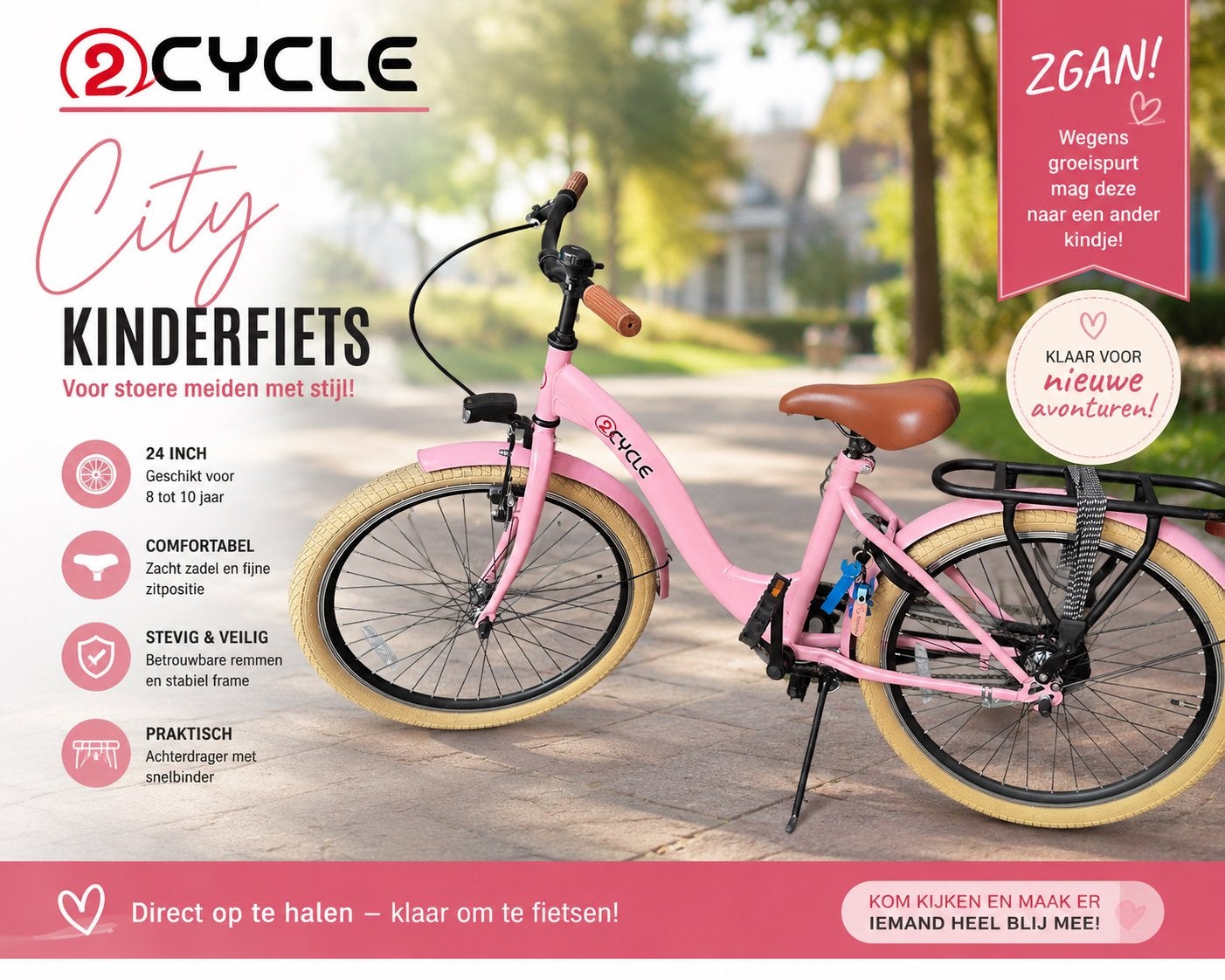 2Cycle City Kinderfiets 24 inch - Roze, Ophalen, Zo goed als nieuw, Velgrem, 20 inch of meer