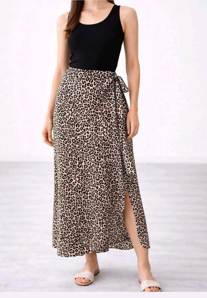 Leopard print wikkelrok maat S – midi rok met split, Bruin, Ophalen of Verzenden, Zo goed als nieuw, Maat 36 (S)