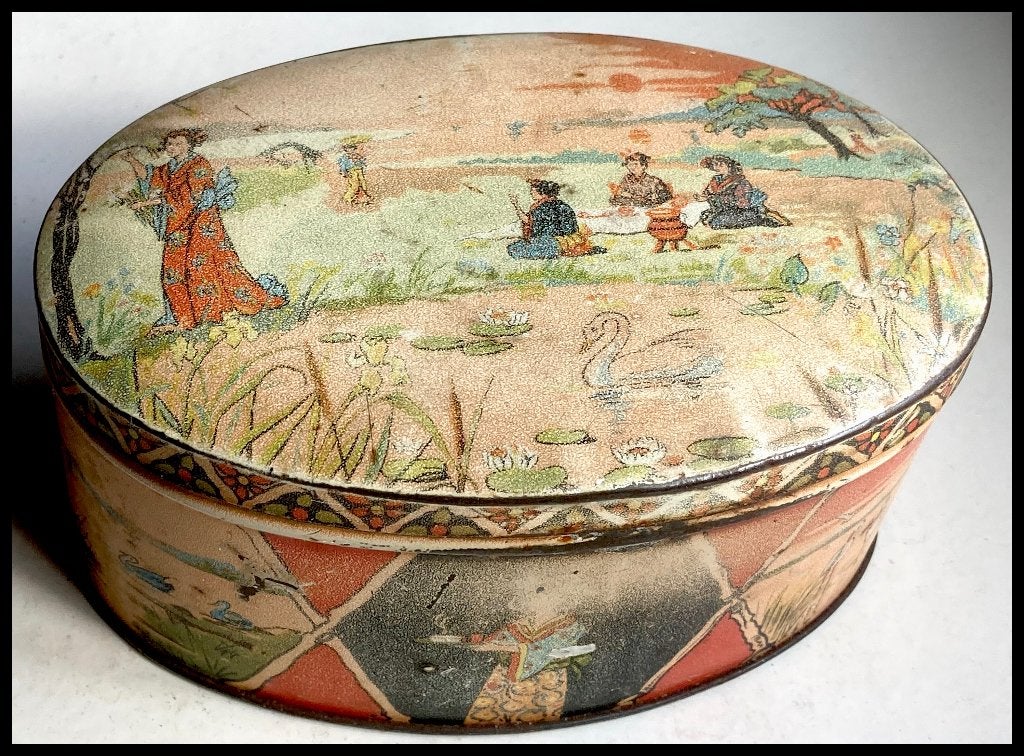 Vintage blikken trommel met Japanse taferelen, Verzamelen, Blikken, Verzenden, Gebruikt, Thee, Overige merken