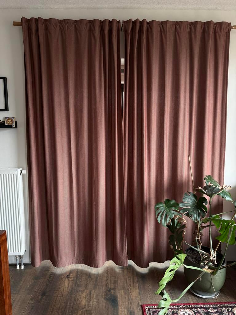 Mooie hema gordijnen met rails (4x), Ophalen of Verzenden, Gebruikt, Bruin, 200 cm of meer