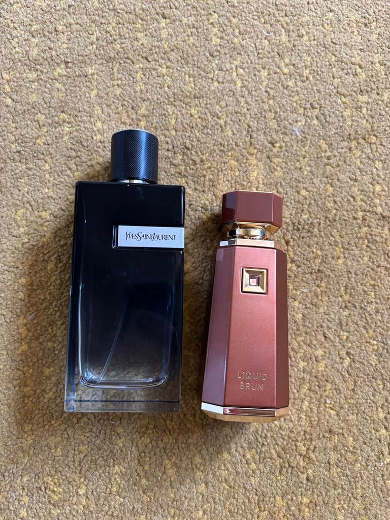 Yves Saint Laurent Y en Liquid Brun parfumflesjes, Sieraden, Tassen en Uiterlijk, Uiterlijk | Parfum, Verzenden, Gebruikt