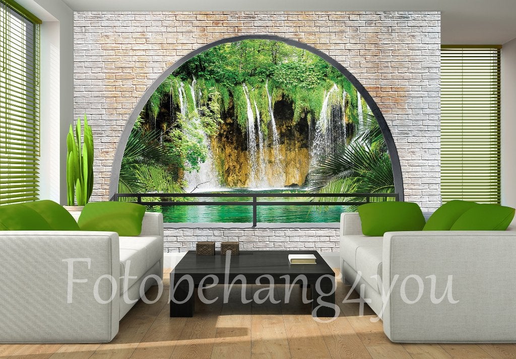 Steen Fotobehang 3D Waterval, waterval, doorkijk, palmboom, Verzenden, Fotobehang