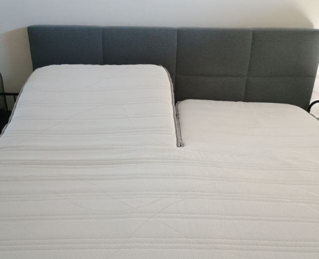 Splittopper en 2 gestoffeerde boxspring matrassen, Ophalen, Gebruikt, Tweepersoons, Matras