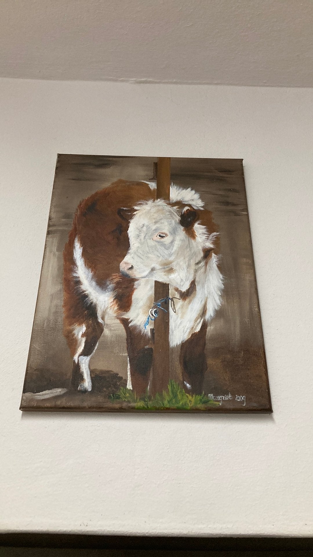 Schilderij uit 2009 bruin witte koe, Ophalen of Verzenden, Zo goed als nieuw, Schilderij