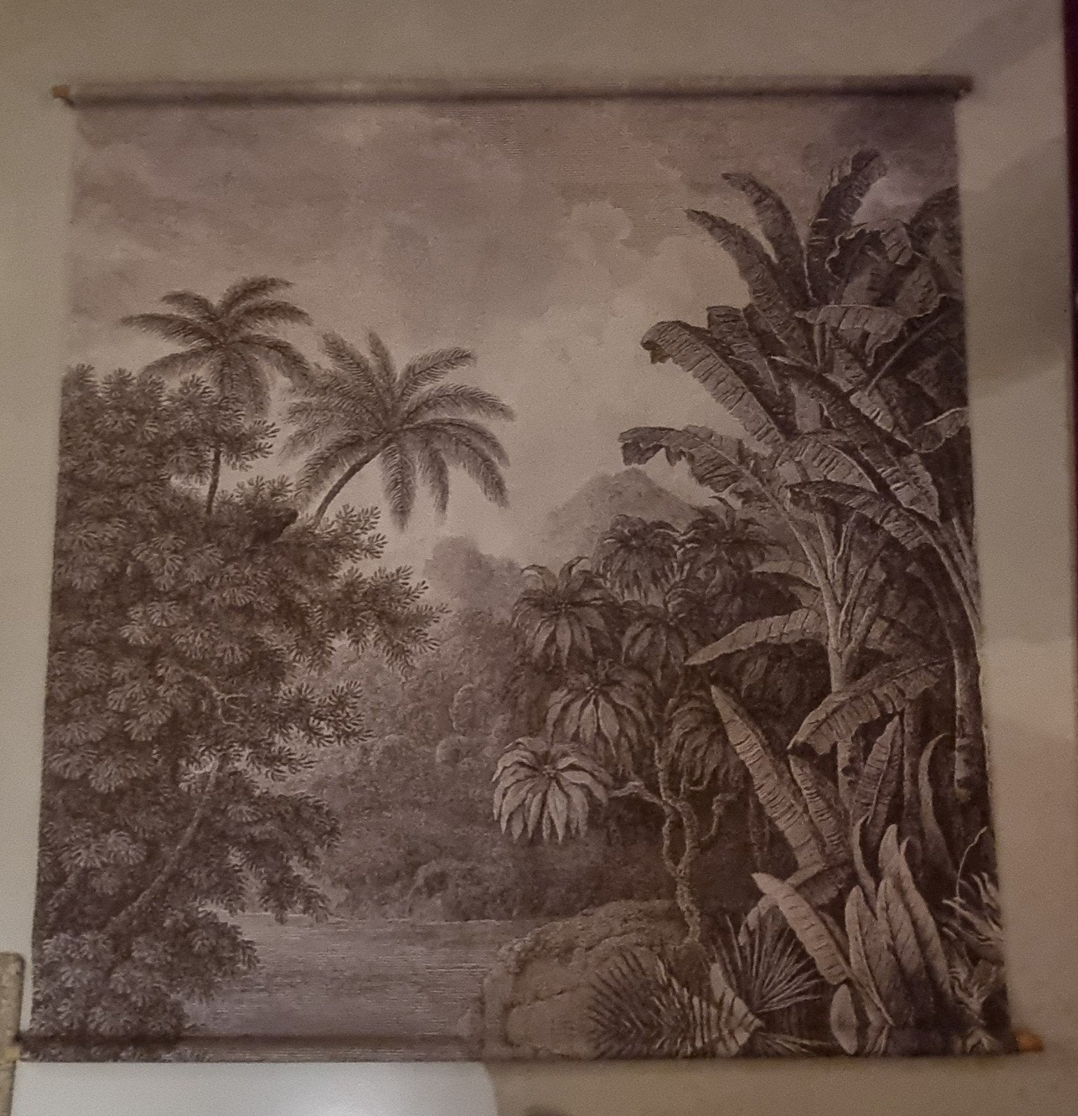 Katoen/ linnen wandkleed met tropisch jungle tafereel, Ophalen, Gebruikt, 154 cm, Bruin