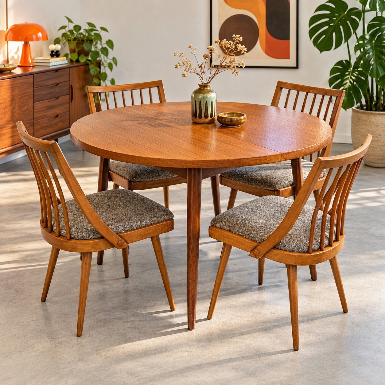 Vintage Mid-Century Eetset: Uitschuifbare Tafel & 4 Stoelen, Gebruikt, Ophalen of Verzenden, Vier personen, Mid-century modern