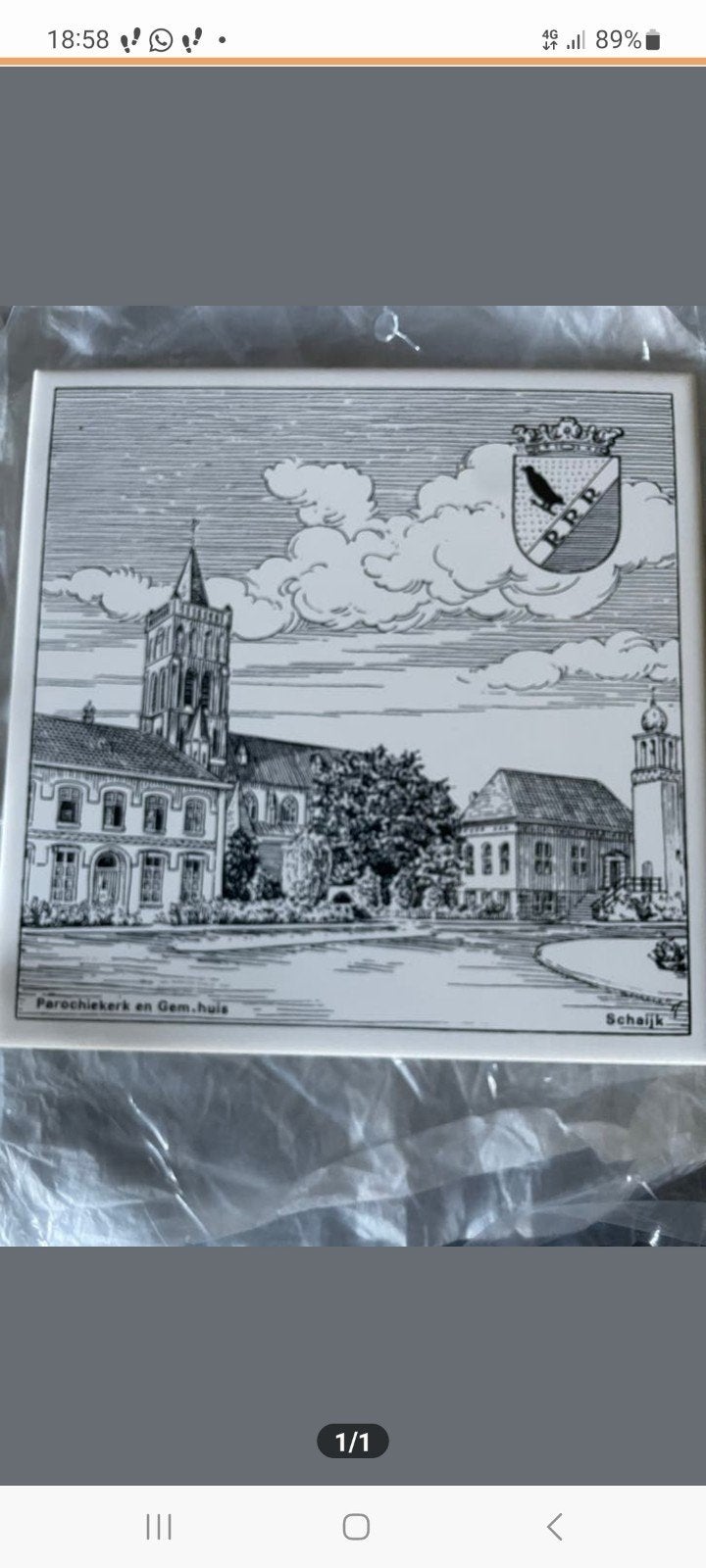Oud tegeltje gemeentehuis Schaijk, Antiek en Kunst, Kunst | Tekeningen en Foto's, Ophalen of Verzenden