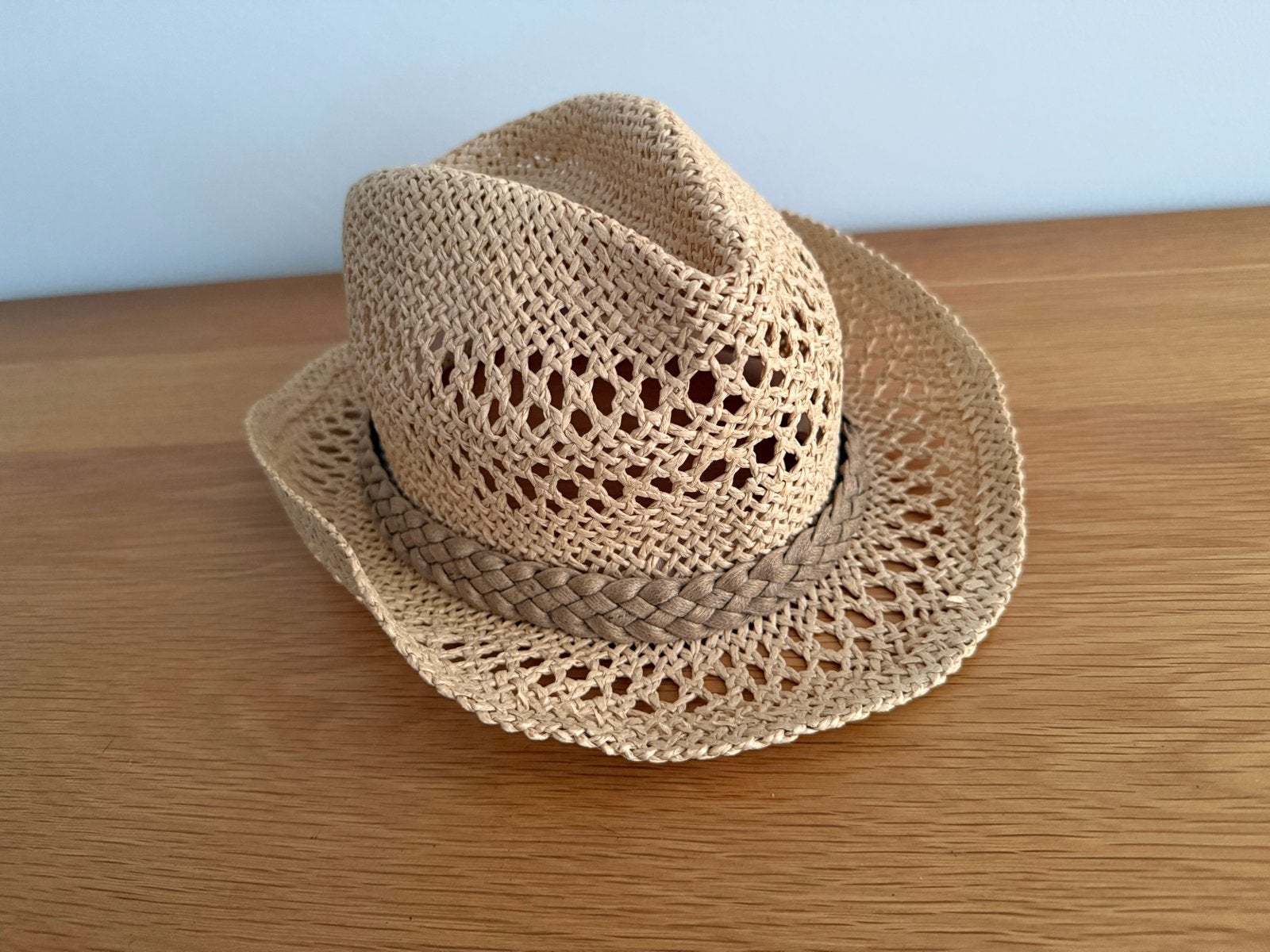 Strohoed met gevlochten band - Zomerse model Fedora, Ophalen of Verzenden, Zo goed als nieuw, One size fits all, Hoed