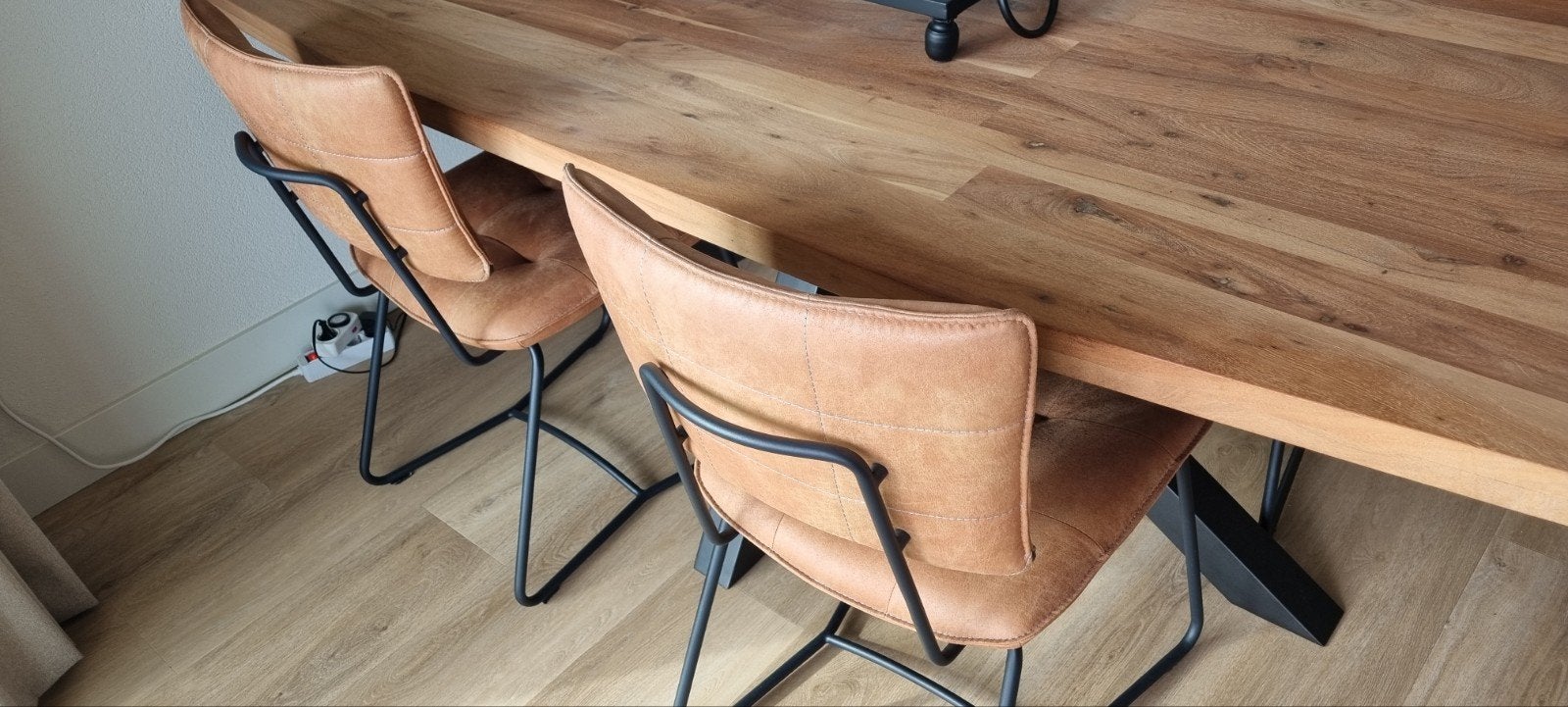 H&H vier stuks eetkamerstoelen cognac leer/stof met zwart me, Leer, Ophalen of Verzenden, Zo goed als nieuw, Eén