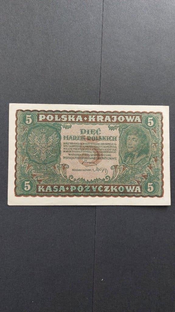 5 Poolse mark uitgifte1919 niet in omloop geweest, Postzegels en Munten, Bankbiljetten | Europa | Niet-Eurobiljetten, Ophalen of Verzenden