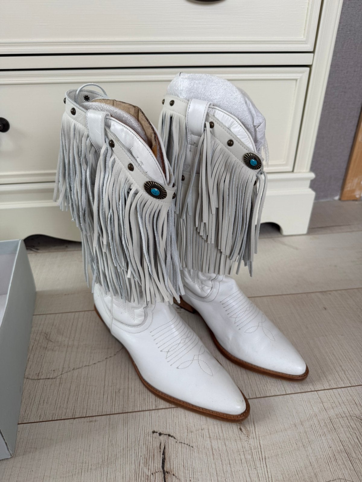 Prachtige zgan geheel leren western boots wit met franje, Ophalen of Verzenden, Zo goed als nieuw, Wit
