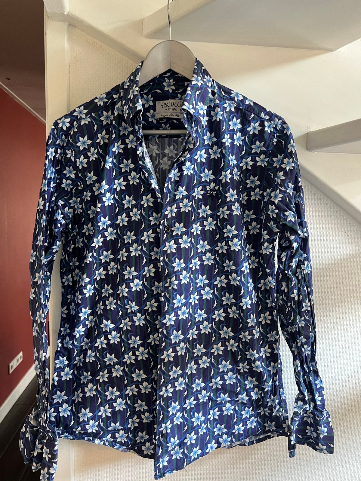 Ferlucci Herenoverhemd met Bloemenprint - Maat M, Ophalen of Verzenden, Zo goed als nieuw, Blauw, Halswijdte 39/40 (M)